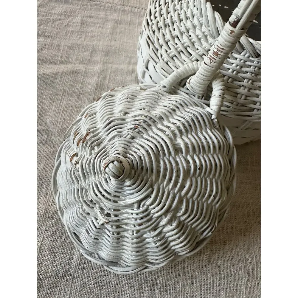 Vintage White Wicker Teapot Shape Basket Cottage Decor 6.5
